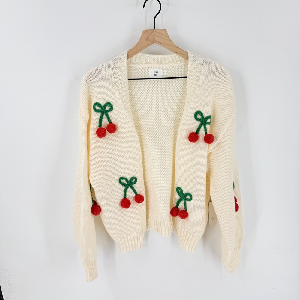 Luna Ivy Cherry Pom Pom Cardigan Cream XS Coquette Fruit 3D Knit Whimsical